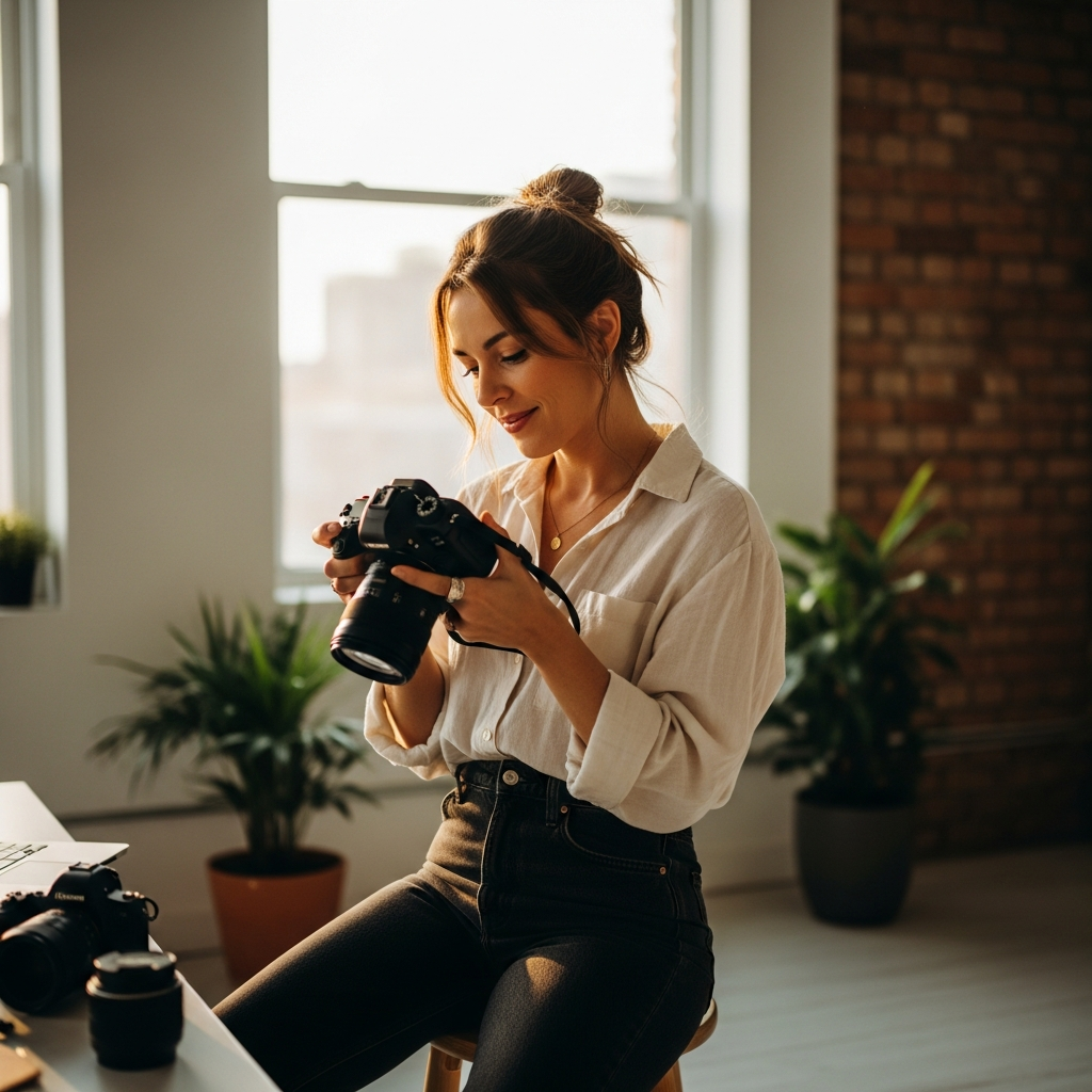 Fotograf ser gjennom bildene på kameraet sitt i et lyst studio